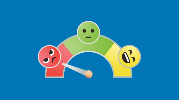grafik af en skala fra rød, grøn og til gul, hvor hver farve har henholdsvis en rød sur smiley, en ligeglad grøn smiley og en glad gul smiley