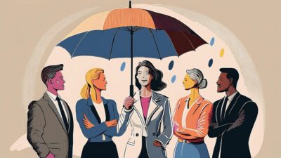 AI billede af fem mennesker, der står under en paraply
