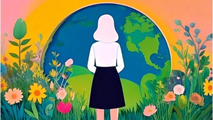 Dekorativt billede af en kvinde, der står med ryggen til og kigger på et blomsterhav.